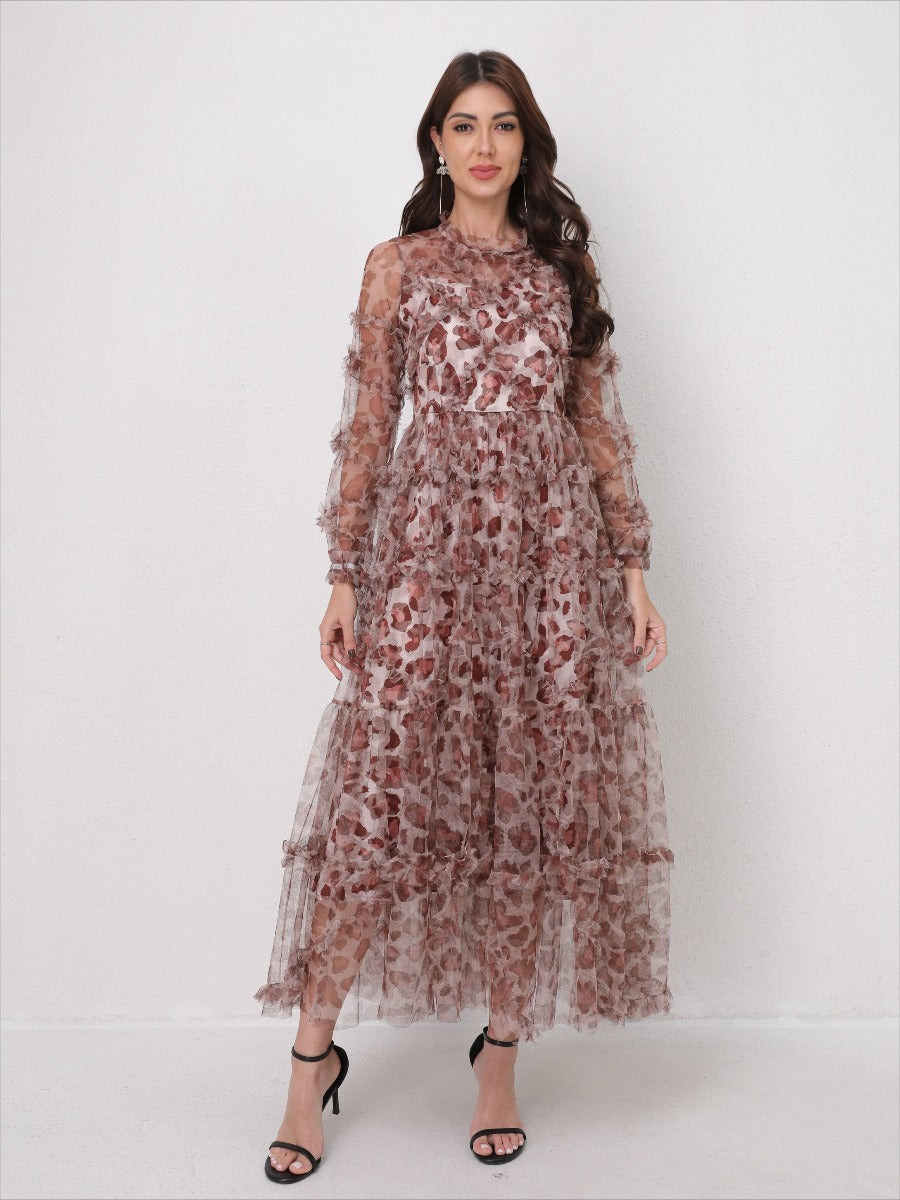 Romantic Tulle Print Ruffled Maxi Dress