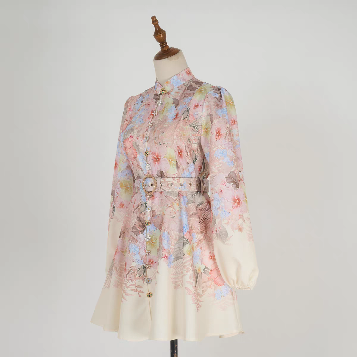 Stand Collar Printed Short Dress
