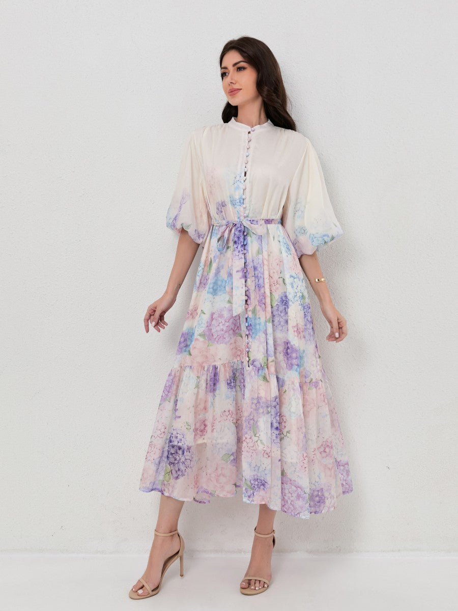 Slimming Puff Short Sleeve Print Dress
