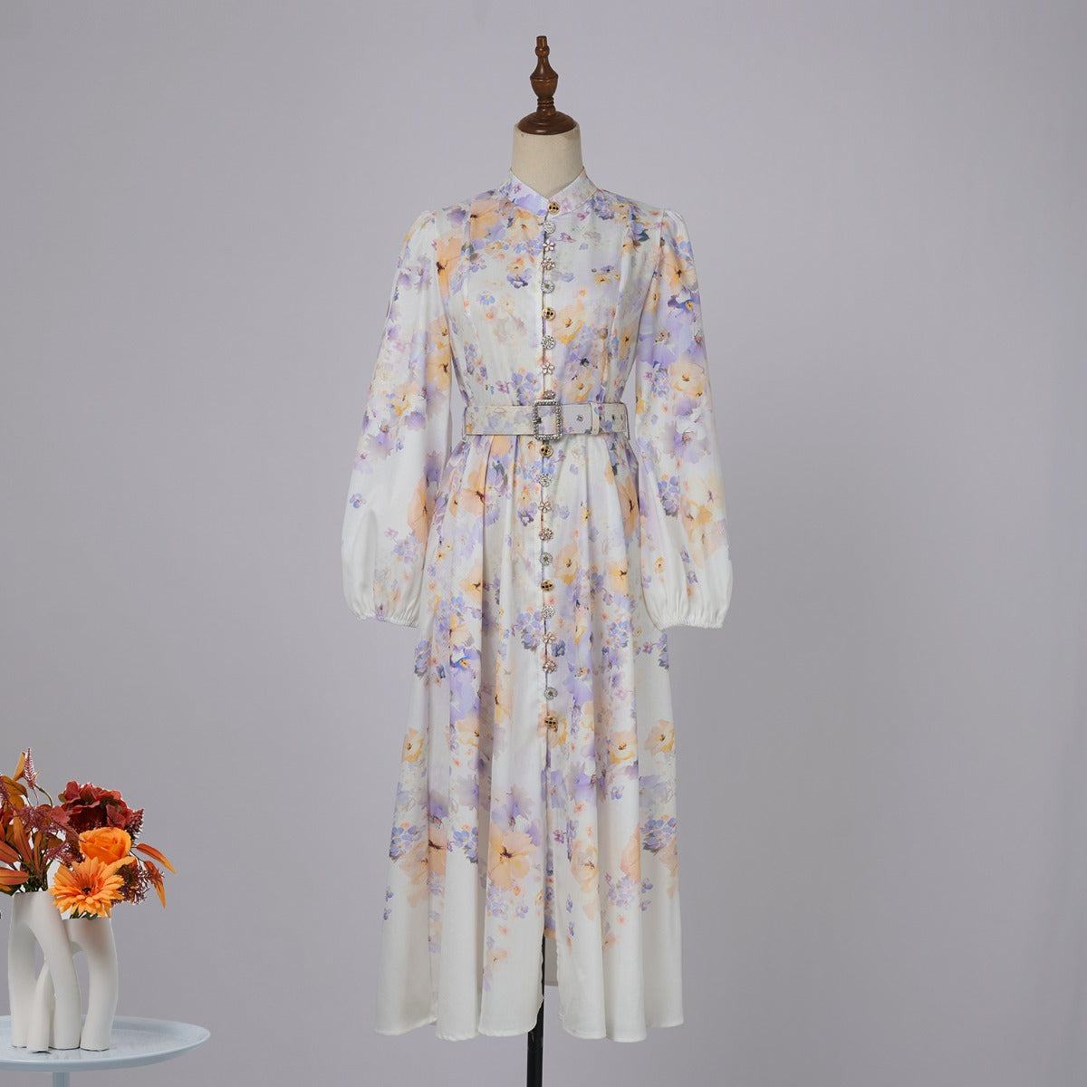 Button Up Lantern Sleeve Midi Dresses