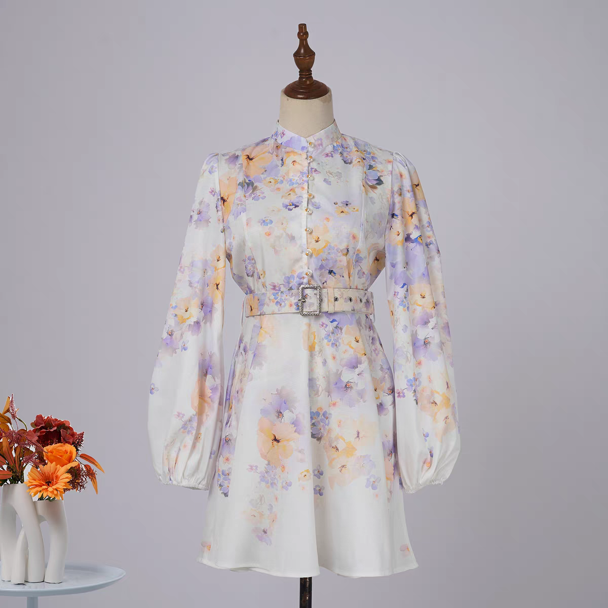 Lilac Flower Print Pearl Button Dress