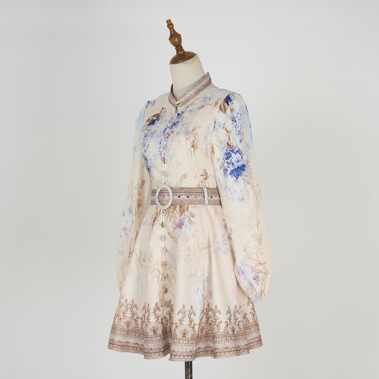 Printed Long Sleeved Cotton Short Dress