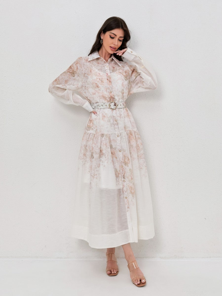 Classic Collared Long Sleeve Belted Print Dresses
