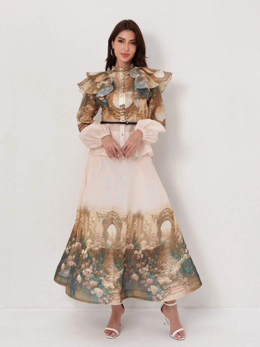 Ruffled Lantern Sleeve Blouse High-Waist Maxi Skirt Set