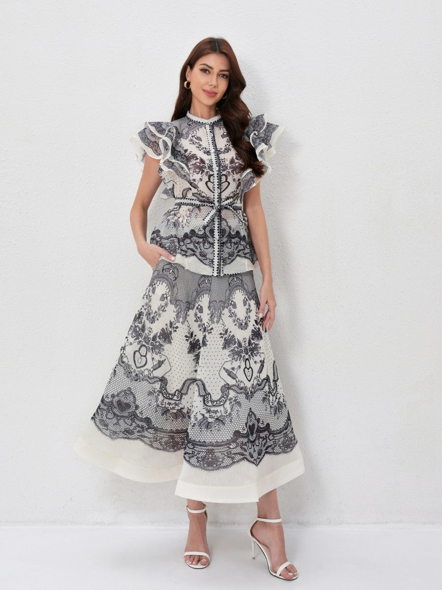 Ruffled Printed Shirt High Waist Skirt Set