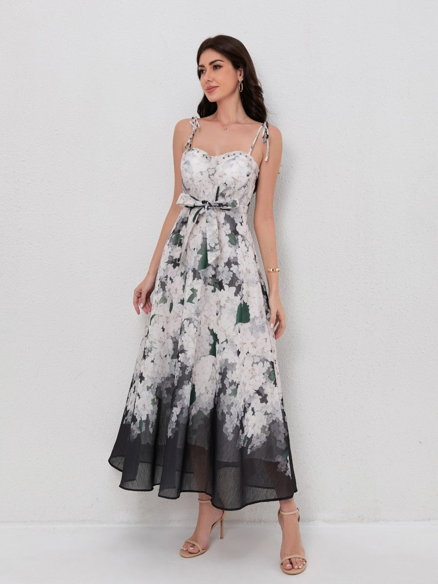 Fashion Print V-Neck Sling Dress with Waist Tie