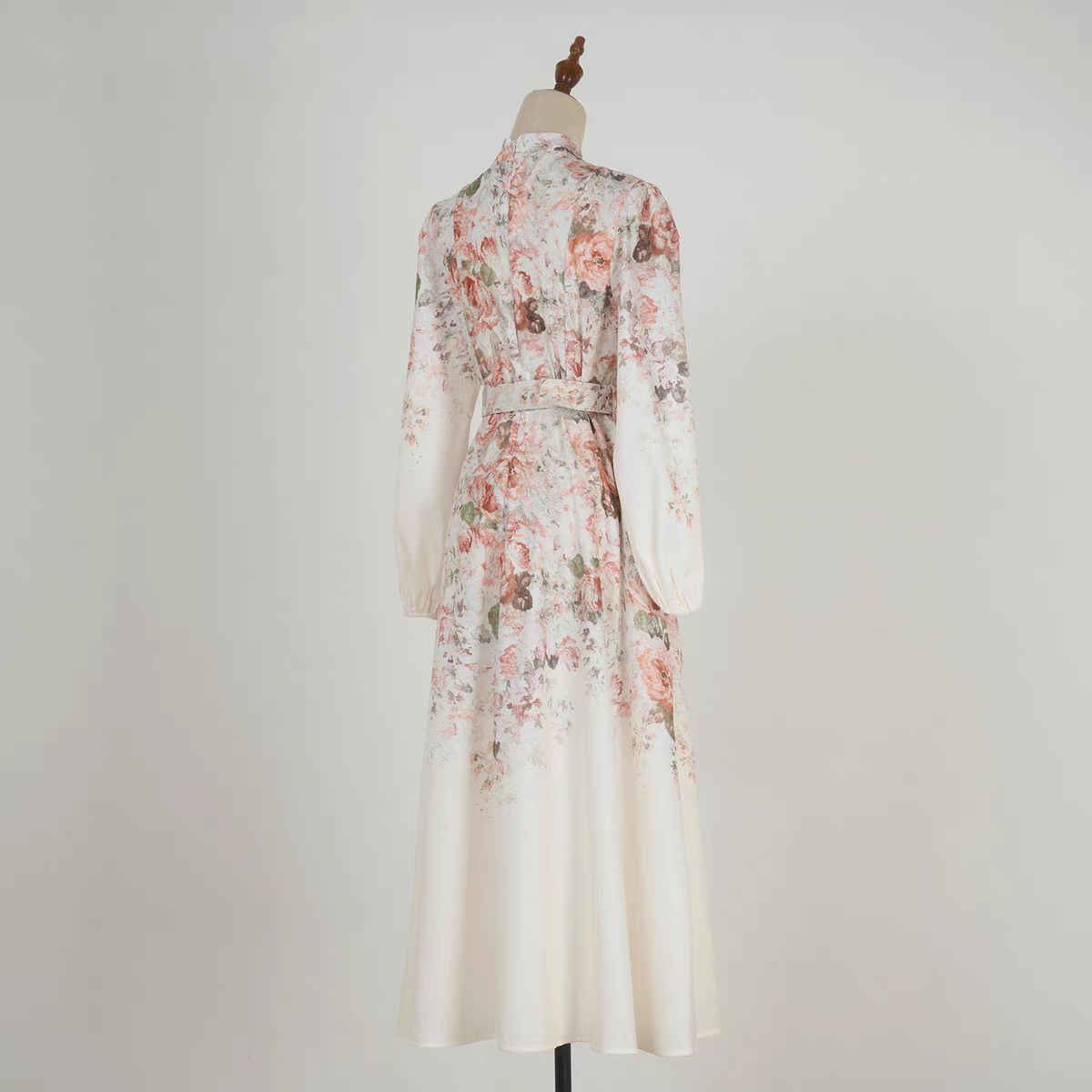 Pink Flower Stand Collar Lantern Sleeve Dress