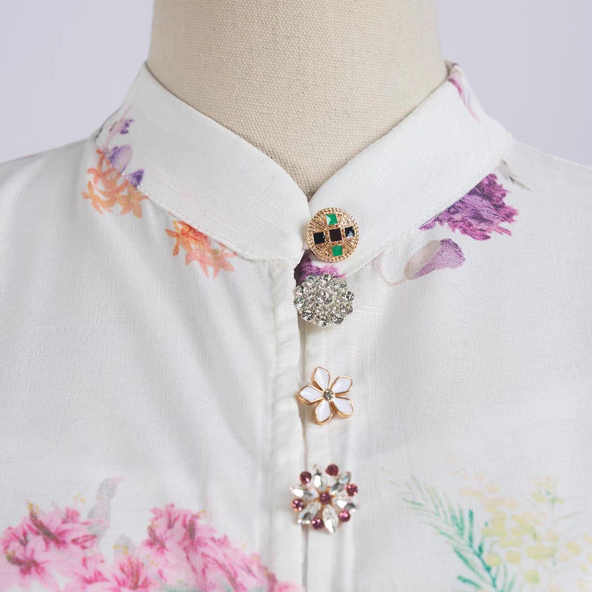 Long Sleeved Printed Cotton Linen Dress