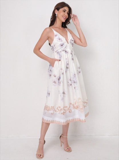 Vintage Printed Straps V-Neck Beach Maxi Dress