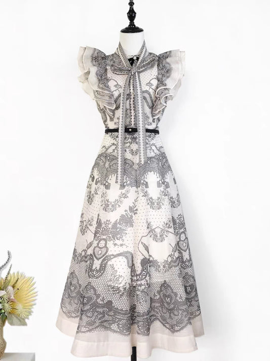 Ruffled Sleeve Top and High Waist Printed Skirt Set