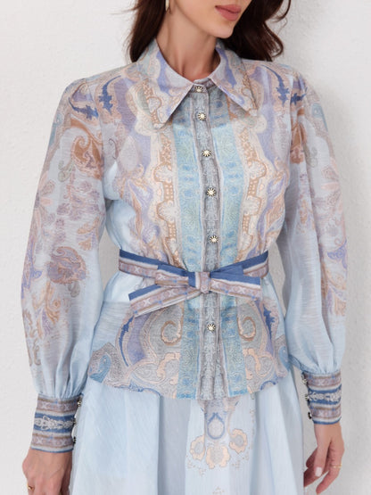 Long Sleeve Printed Blouse MaxiSkirt Set