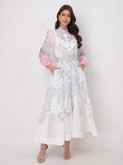 Vintage Printed Lantern Long Sleeves Elegant Dress