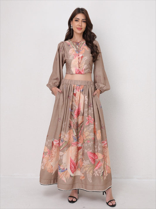 Vacation Floral Print Set Lantern Sleeve Shirt + Midi Skirt