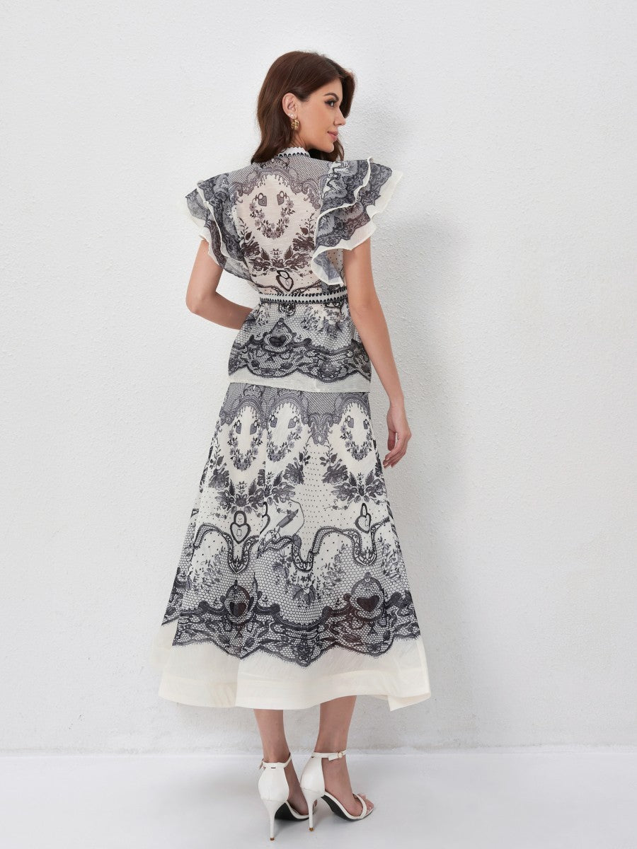 Ruffled Printed Shirt High Waist Skirt Set