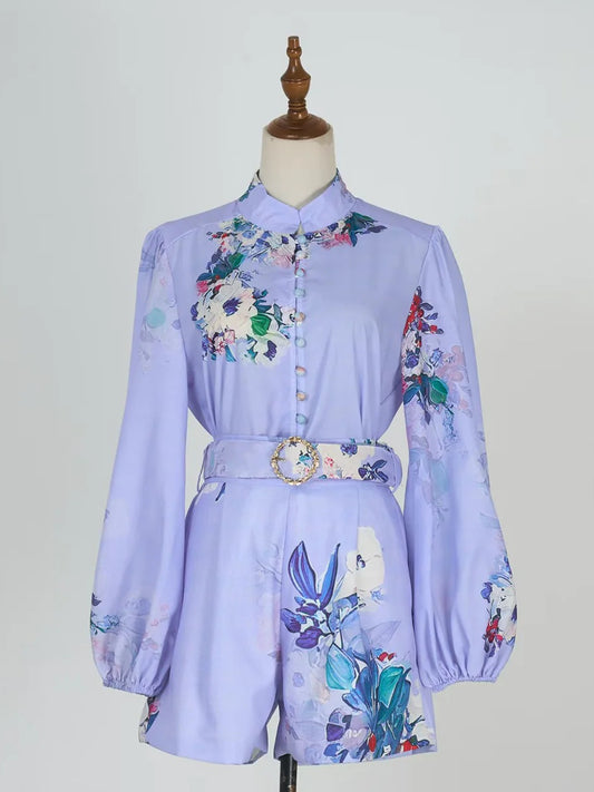 Lantern Sleeve Printed Purple Sets