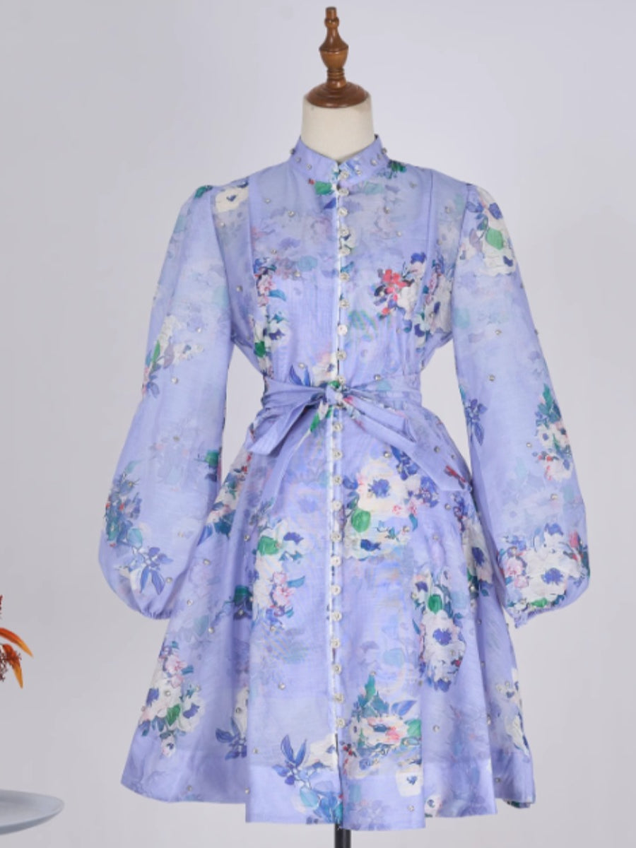 Flower Print Trend Bead Heavy Buttons Short Dress
