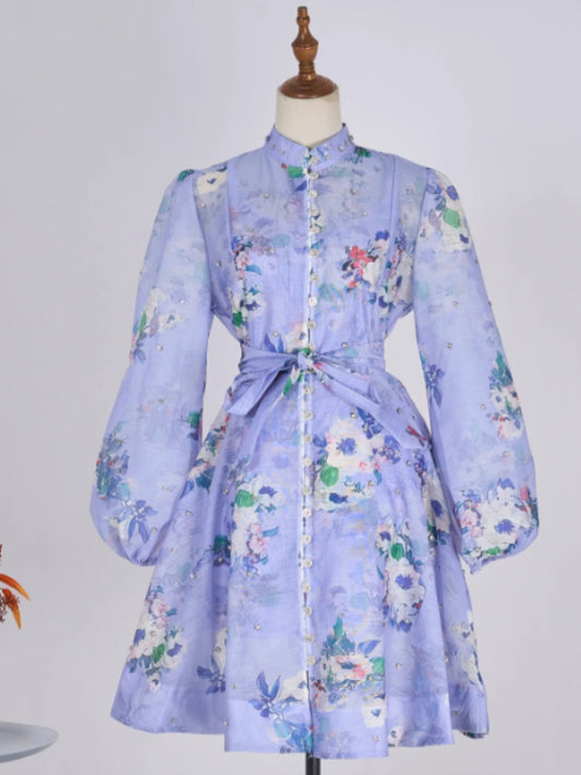 Flower Print Trend Bead Heavy Buttons Short Dress