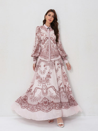 Set Stand Collar Button Top High Waist Vintage Floral Skirt
