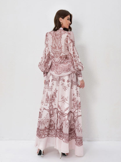 Set Stand Collar Button Top High Waist Vintage Floral Skirt