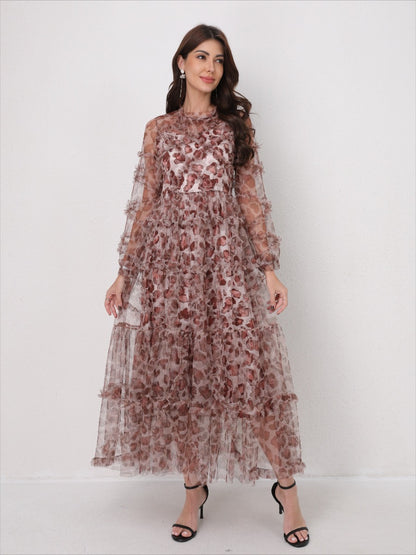 Romantic Tulle Print Ruffled Maxi Dress