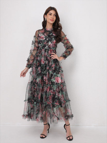 Romantic Tulle Print Ruffled Maxi Dress