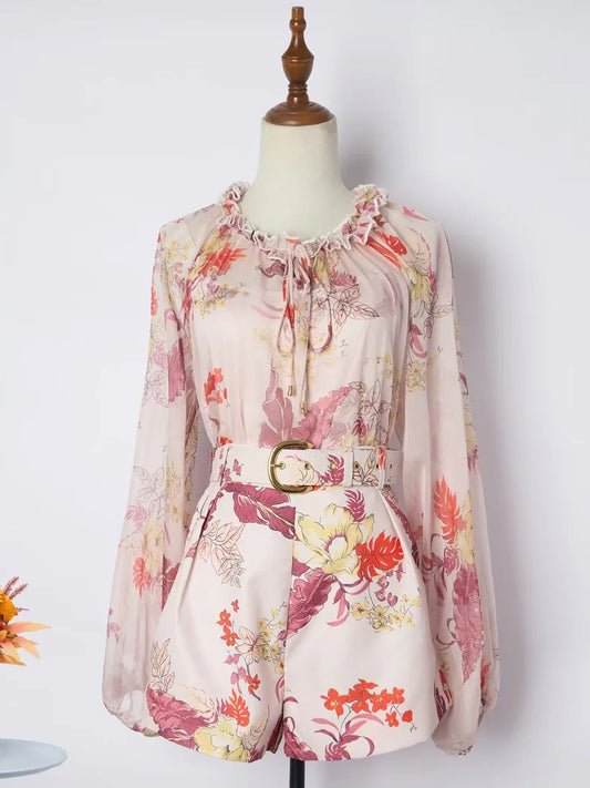 Printed Fungus Collar Long Sleeved Chiffon Sets