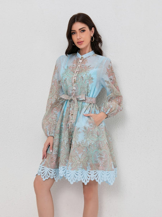 Bohemian Lantern Sleeve Print Lace Dress