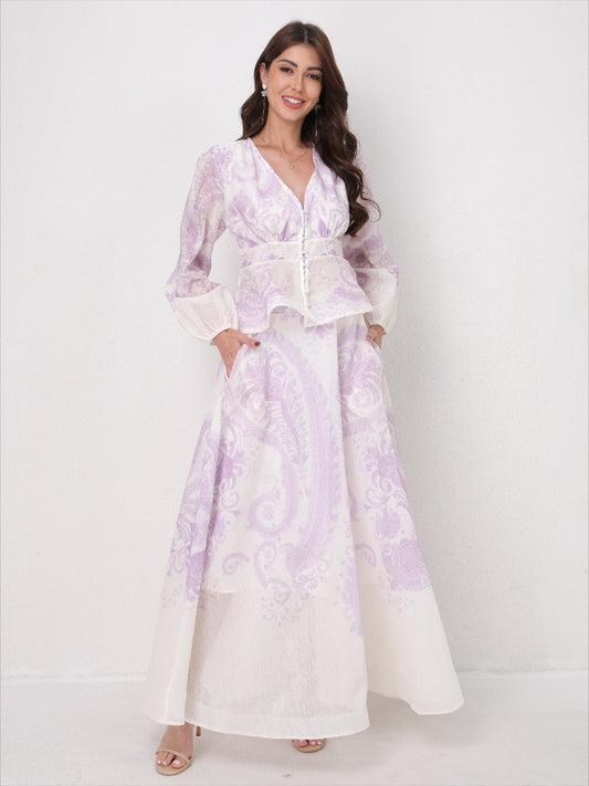 V-Neck Beaded Ruffle Top Midi Skirt Set