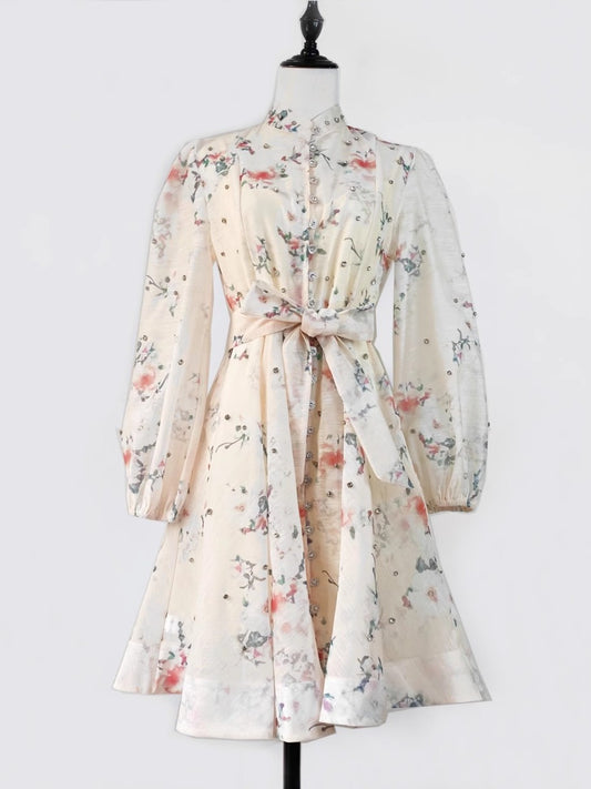 Lantern Sleeve Retro Flower Print Short Dress