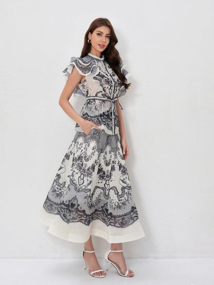 Ruffled Printed Shirt High Waist Skirt Set