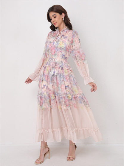 Tie-Waist Long Sleeve Flowy Maxi Dress