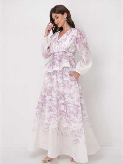 V-Neck Beaded Ruffle Top Midi Skirt Set