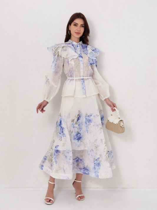 Ruffled Lantern Sleeve Blouse High-Waist Maxi Skirt Set