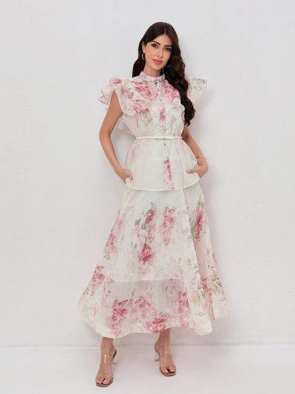 Stand Collar Blouse with Ruffled Sleeves Flowy Printed Skirt Set