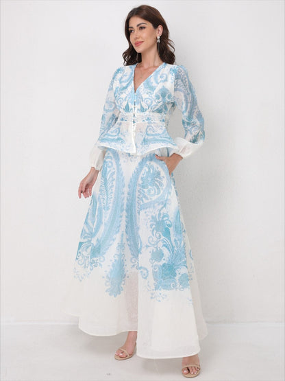 V-Neck Beaded Ruffle Top Midi Skirt Set