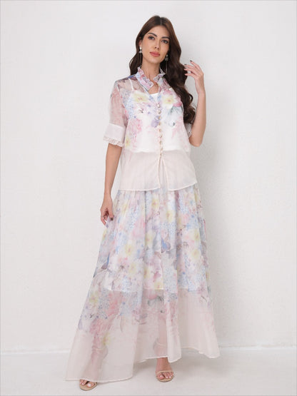 Lightweight Elegant Set Short Sleeve Blouse+Midi Skirt