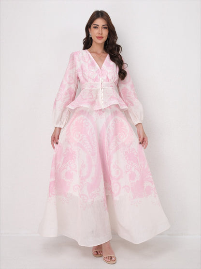 V-Neck Beaded Ruffle Top Midi Skirt Set