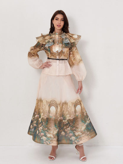 Printed Lantern Sleeve Blouse Puff Skirt Set