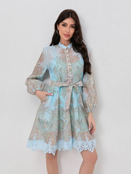 Bohemian Lantern Sleeve Print Lace Dress
