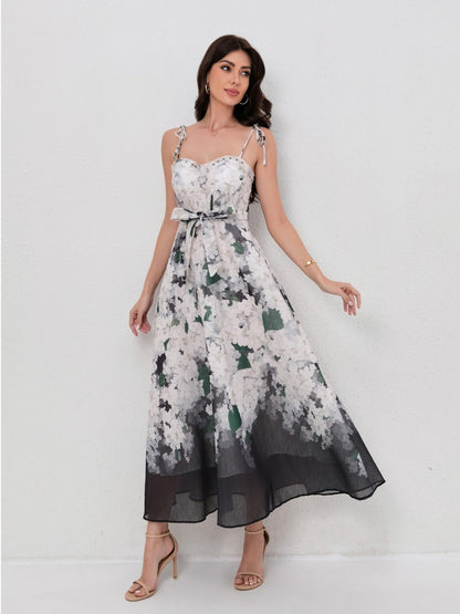Fashion Print V-Neck Sling Dress with Waist Tie