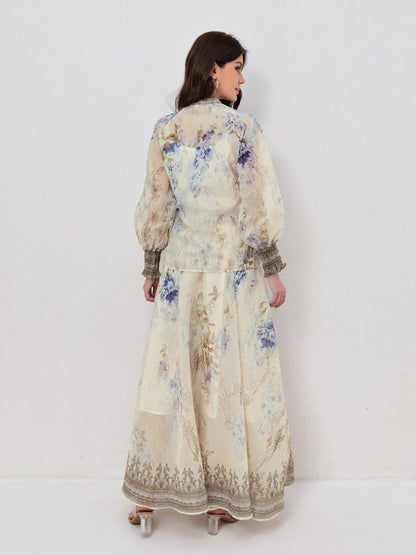 Floral Print Long Sleeve Shirt Matching Maxi Skirt Set