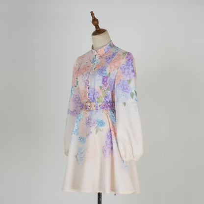 Stand Up Collar Lantern Sleeve Floral Print Dress