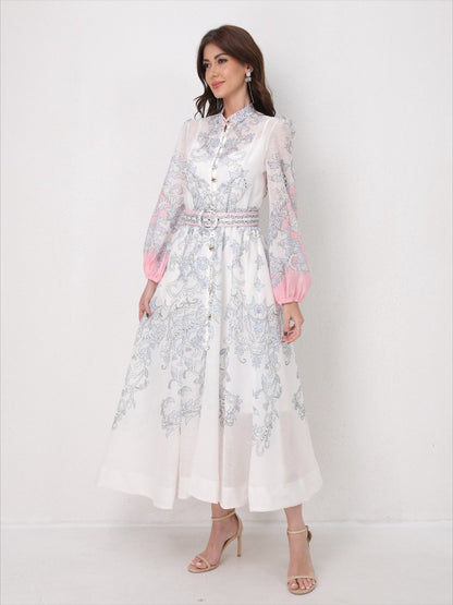 Vintage Printed Lantern Long Sleeves Elegant Dress