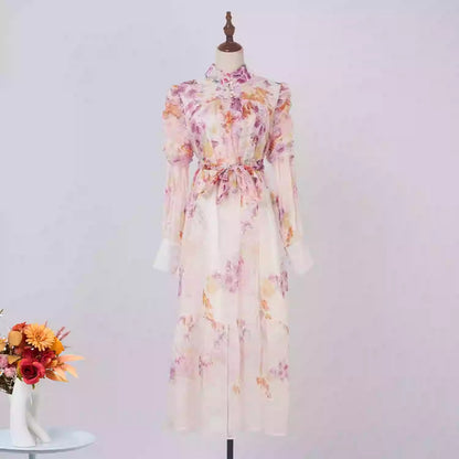 Long Sleeve Lace Up Chiffon Print Dress