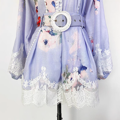 Lace Print Single-Breasted Shirt + Shorts Set
