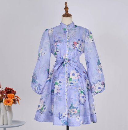 Flower Print Trend Bead Heavy Buttons Short Dress