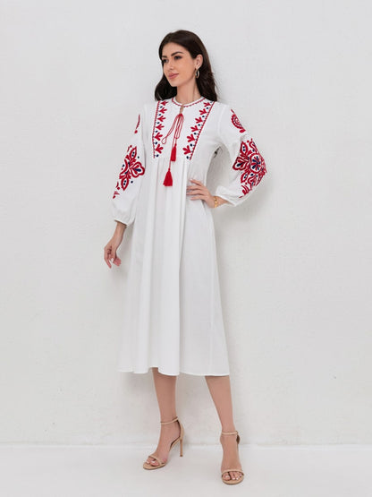 Bohemian Floral Embroidery Lantern Sleeve Dress