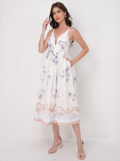 Vintage Printed Straps V-Neck Beach Maxi Dress