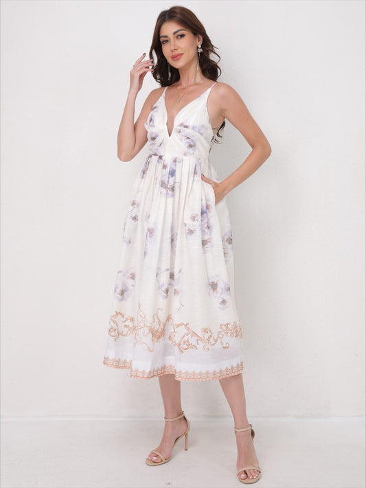 Vintage Printed Straps V-Neck Beach Maxi Dress