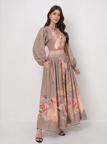 Vacation Floral Print Set Lantern Sleeve Shirt + Midi Skirt